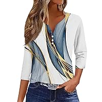 3/4 Length Sleeve Womens Tops, Button Down V Neck Summer Casualel Tops Going Out Loose Fit Trendy Basic Dressy Tunic Tops