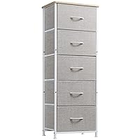 Somdot Tall Dresser for Bedroom with 5 Drawers, Storage Chest of Drawers with Removable Fabric Bins for Closet Bedside Nursery Laundry Living Room Entryway Hallway, Grey/Natural Maple