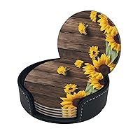 Coasters Sets of 6 with Holder PU Leather Bar Drink Coasters for Coffee Table Home Decor, New Apartment Essentials for Men Women Housewarming Gifts - Plants Theme Sunflower