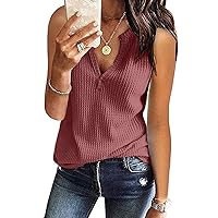 Blouse for Women Waffle Knit T Shirts V-Neck Short Sleeve Pullover Casual Loose Henley Tunic Sleeveless Tank Tops