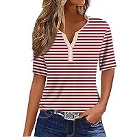 Going Out Tops for Women Striped Print Y2k Fashion Versatile Cool with Short Sleeve Henry Collar Summer Shirts