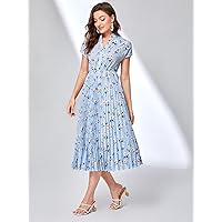 Summer Dresses for Women 2022 Floral Print Pleated Popover Dress Dresses for Women (Color : Baby Blue, Size : Medium)