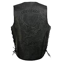 ELM3900 Men's 100% Genuine Motorcycle Leather Vest | Biker Vests with Embossed Eagle | Live To Ride - 2X-Large