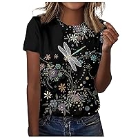 Womens Tops and Blouses Summer Tops for Women 2024 Floral Print Fashion Pretty Casual Loose with Short Sleeve Crewneck Blouses Multicolor 3X-Large
