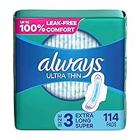 Always Ultra Thin Feminine Pads For Women, Size 3 Extra Heavy Long Absorbency, With Wings, Unscented, 38 Count x 3 (114 Count Total)