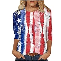 Ladies Patriotic Tops 3/4 Sleeve Fashion Tops for Women American Flag Independence Day Tshirts Cute Festival Blouse
