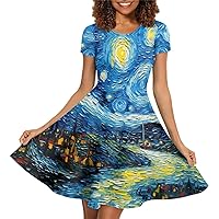 Women's Van Gogh Art 3D Print Short Sleeves Summer Casual Flowy Swing Midi Dress