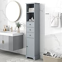 Tall Bathroom Storage Cabinet, Slim Linen Tower with 3 Drawers and Door, Adjustable Shelves, Grey