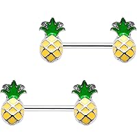 Body Candy Steel Yellow Green Pineapple Barbell Nipple Ring Set of 2 14 Gauge 1/2