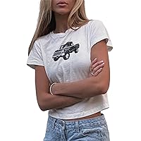 Women Y2k Short Sleeve Baby Tees Flower Butterfly Print Slim Fit Crew Neck Crop Top Summer Retro Cute Going Out Tops