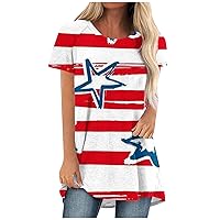 American Flag Tunic Tops Women Summer Casual Flowy Shirts 4th of July Short Sleeve Crewneck Loose Fit Long Blouses