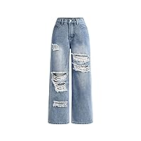 SweatyRocks Girl's Casual High Elastic Waist Ripped Jeans Straight Leg Denim Pants with Pocket