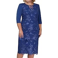 Women's Embroidered Lace Formal Cocktail Party Midi Dress Plus Size Short Sleeve Wedding Guest Dress