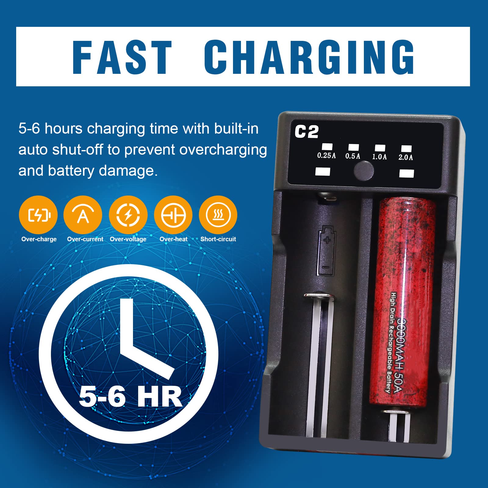 Aweite Universal Battery Charger, 2-Bay Battery Smart Charger for Li-ion/NiMH/NiCD, for 18650, 16340, 26650, AA, AAA, and More 3.7V USB Fast Portable Battery Charger