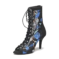 Women's Zipper Ankle Dance Boots Party Ballroom Lace-up Floral Mesh Latin Dancing Peep Toe Shoes