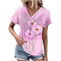 Womens Tops Summer Casual Short Sleeve Shirts Floral Printed Button Pleated V Neck Blouses 2024 Dressy T Shirt