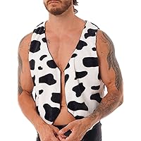 iiniim Men's Cow Print Vest Adult Festival Halloween Sleeveless Open Front Cardigan Waistcoat Tops