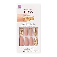 Gel Fantasy Ready-to-Wear Press-On Sculpted Gel Nails, “Background”, Long, Pink and Gold, High Arch Nail Kit with 24 Mega Adhesive Tabs,Manicure Stick, Mini File, and 28 Fake Nails