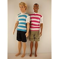 Set of 4 Ken Doll Outfits 2 Pair of Shorts and 4 Striped Polo Shirts 6 Pcs of Clothing