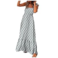 XJYIOEWT Sun Dress,Women Summer Boho Spaghetti Strap Square Neck Ruffle Beach Sun Dress Halter Dress Summer