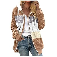 Plus Size Winter Fuzzy Fleece Color Block Jacket for Women Zip Up Drawstring Long Sleeve Hooded Coats Outerwear