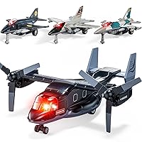 Geyiie Die Cast Airplanes Toys, Army Plane Toys Set for Kids 3-12, Fighter Jet Military Transport Helicopter with Rotated Wings, Airforce Plane Model with Sounds and Lights, 4 Pack