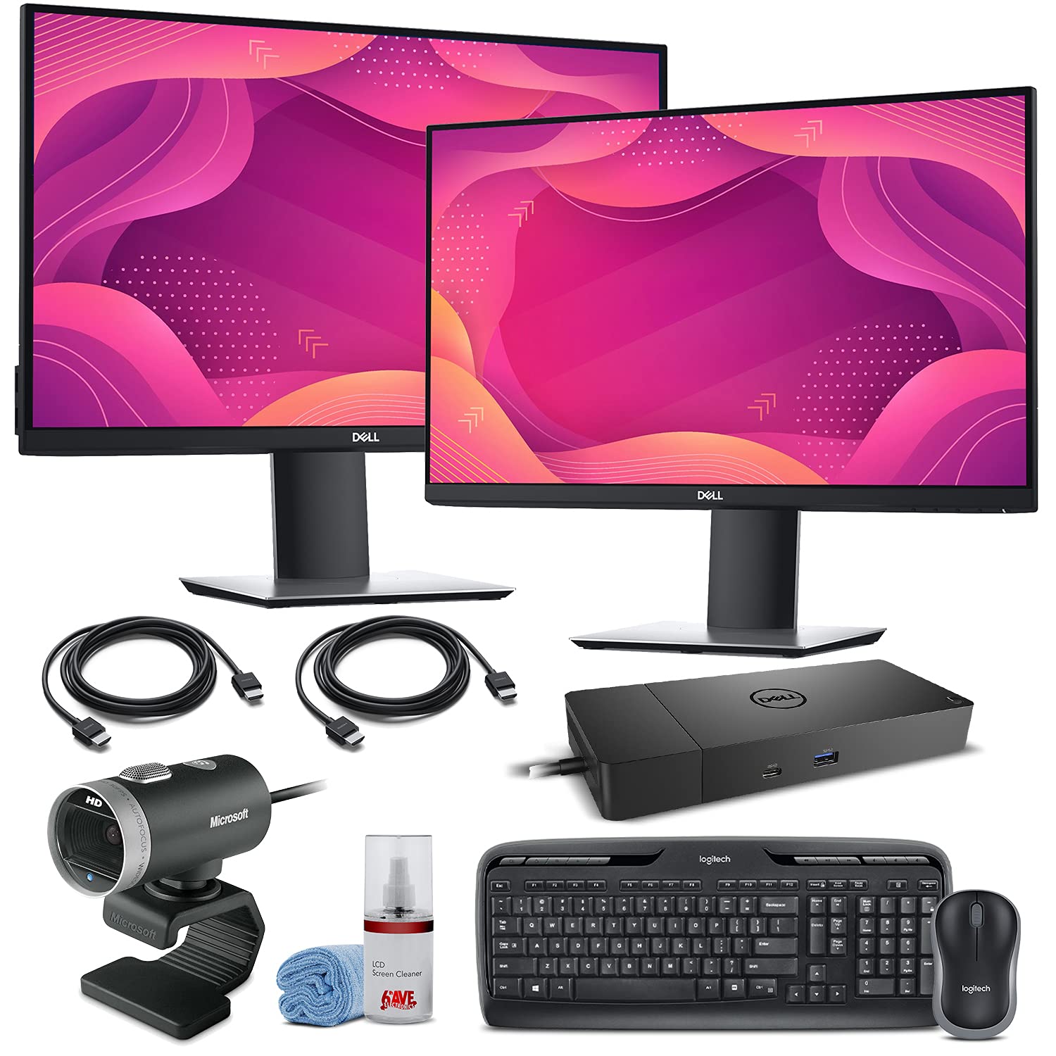 2 x Dell P2419HC 23.8" 16:9 IPS Monitor (P2419HCE) + WD19S USB Type-C Dock (180W) + LifeCam Cinema Webcam + Keyboard and Mouse + 2 x HDMI Cable...