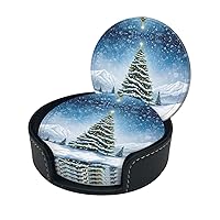 (Christmas Trees) Print Leather Coasters Set of 6 for Drinks with Holder Absorbent Round Cup Mat Pad for Living Room Dining Table Kitchen Home Decor Housewarming Gift