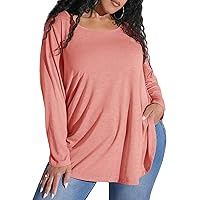 COZYEASE Women's Plus Size Split Hem Tee Top Crewneck T Shirt Long Sleeve Solid Shirt Tops