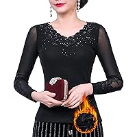 Women's Thermal Velvet Lined Lace Mesh Tops Long Sleeve Warm Beaded Embroidered Rhinestone Hollow Out Blouses Work Shirts