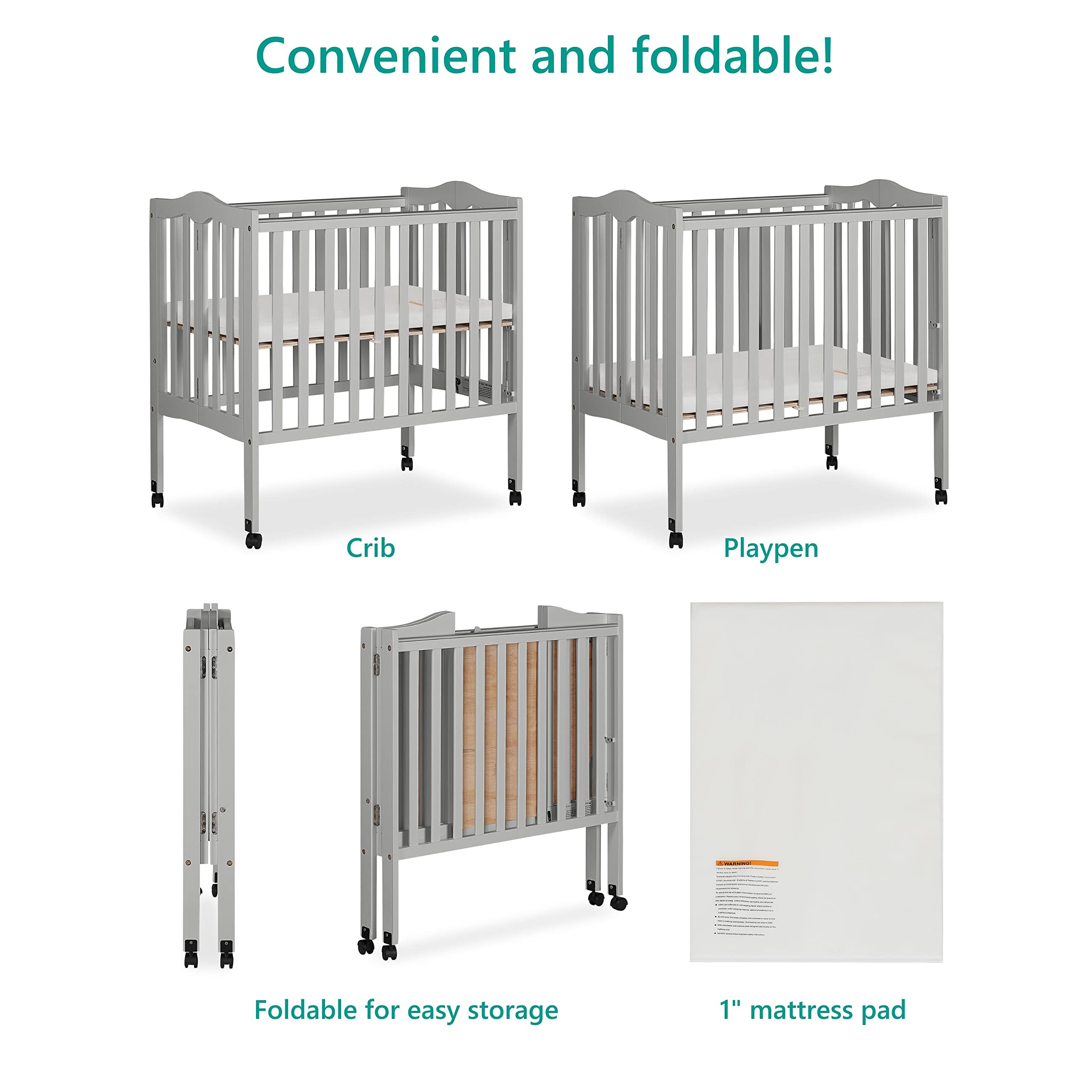 Dream On Me 2-in-1 Lightweight Folding Portable Stationary Side Crib in Pebble Grey, Greenguard Gold Certified, Baby Crib to Playpen, Folds Flat for Storage, Locking Wheels
