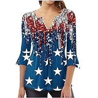 4th of July Flowy Tunic Tops Women 3/4 Bell Sleeve V Neck Henley Shirts American Flag Button Pleated Elegant Blouse