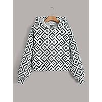 Sweatshirtw for Women - Geo Print Drop Shoulder Drawstring Hoodie (Color : Multicolor, Size : Large)