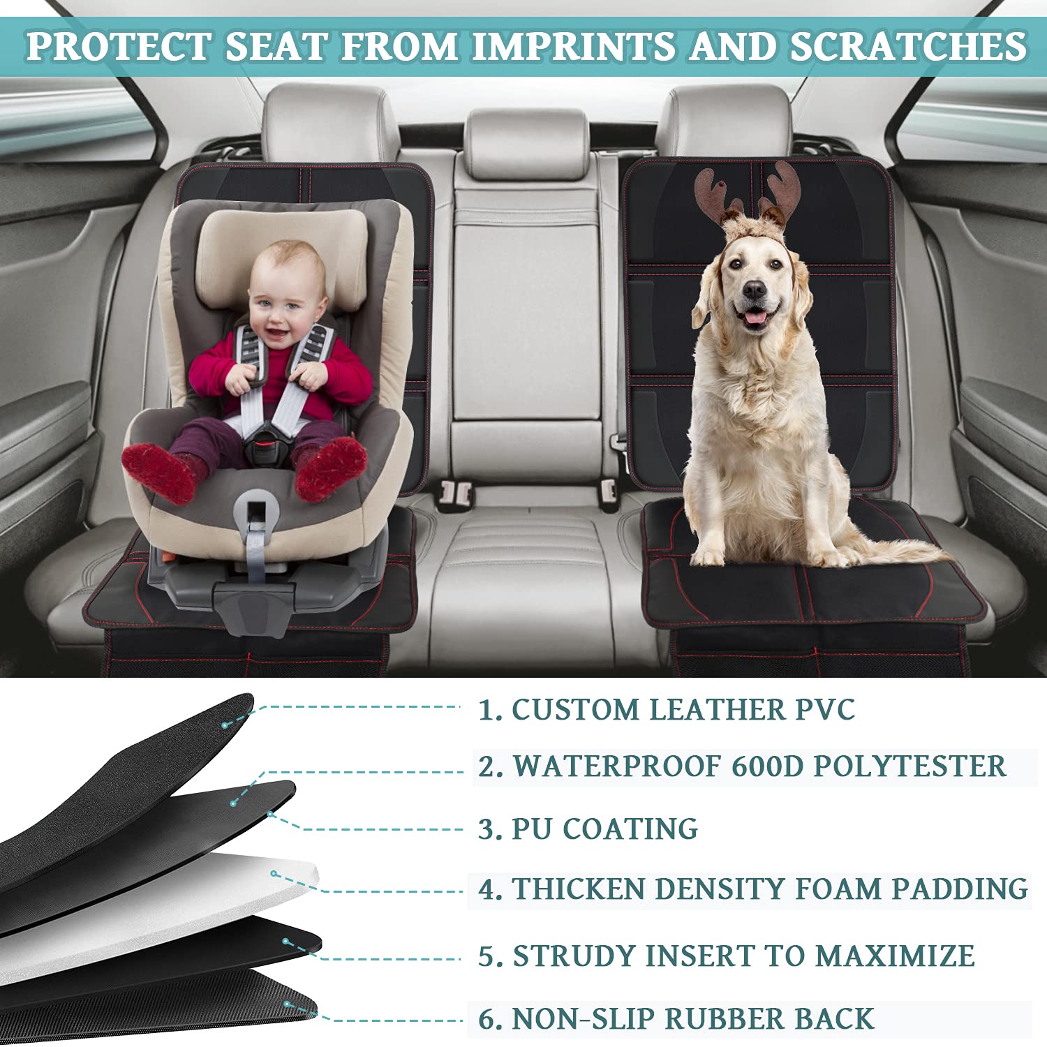 DOVODA Car Seat Protector, 2 Pack Large Auto Seat Protectors Protect Child Seats with Mesh Pocket, Thickest Padding Pat Durable, Waterproof 600D Fabric, Child Car Seat Cover for SUV Sedan Truck
