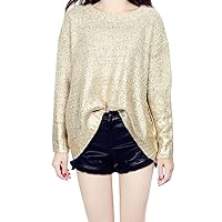 Ms. Spring and Summer Primer Sweater Bat Sleeve Round Neck Loose Large Size Gold and Silver Sweaters,C-OneSize