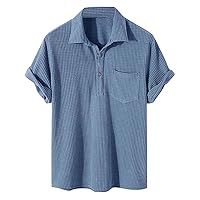 Mens Waffle Knit Short Sleeve Polo Shirts Button Up Loose Fit Casual Summer Tops Solid Color Woven Beach T Shirts