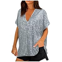 Women's Basic Tees Sequin Tops V-Neck Short Sleeve Tops Loose Shiny Dress Up Tops Party Short Blouses, S-5XL