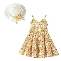 Toddler Girls Fashion Summer Flower Dress Babys Kids Tutu Dress with Sun Hat Girls Sling Cake Dress Floral and