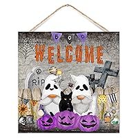 Welcome Welcome Scary Pumpkin Wood Signs RIP Tombstone Halloween Rustic Wooden Wall Sign Decorative Wood Sign for Living Room Bedroom Thanksgiving Gifts 12x12in