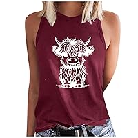 Animal Farm Tank Top for Women Cute Highland Cow Graphic Sleeveless Tshirts 2024 Fashion Summer Crewneck Shirts