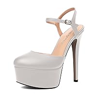 Womens Ankle Strap Dating Platform Buckle Sexy Round Toe Solid Matte Stiletto High Heel Pumps Shoes 6 Inch