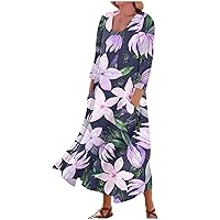 Maxi Dresses 3/4 Sleeve for Women 2023 Casual Plus Size Hide Belly Fat Flowy Graphic Printing Round Neck with Pocket