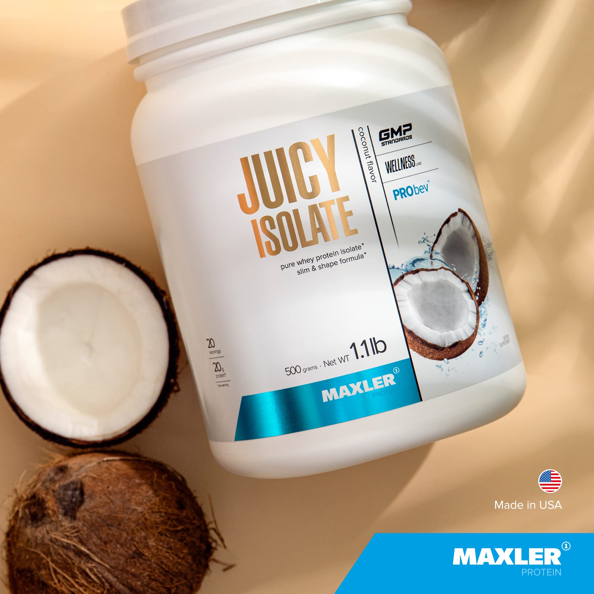 Maxler Juicy Isolate Protein Powder - Clear Whey Isolate - Fat Free, Lactose Free & Sugar Free Muscle Recovery Drink for Pre & Post Workout - 90% of Protein per Serving - Coconut 1.1 lb (20 Servings)