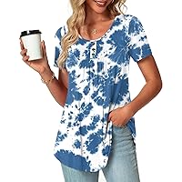 POPYOUNG Women's Casual Short Sleeve Button Tunic Tops Loose Shirts with leggings