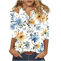 Casual Tops for Women 3/4 Length Sleeve Summer V Neck Button T Shirts Fashion Floral Printed Loose Comfy Blouses 2024