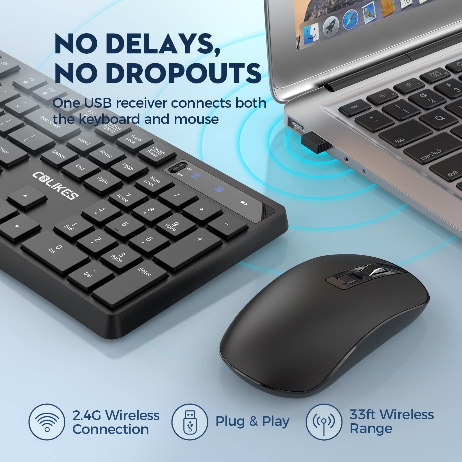 Wireless Keyboard and Mouse Combo, COLIKES 2.4G USB Cordless Keyboard Mouse Combo, 3 Level DPI Slim Ergonomic Mouse, Responsive Plug & Play for Computer Laptop PC - Full Size