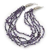 Amethyst/Black Multistrand, Layered Glass Bead Necklace In Silver Plating - 60cm Length