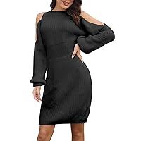 Bodycon Winter Dress for Women Bishop Sleeves Stretchy High Neck Midi Dress Wrap Party Evening Dresses