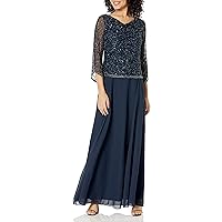 J Kara Women's Plus Size 3/4 Sleeves Long Beaded Gown with Cowl Neck