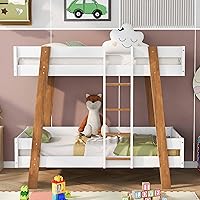 Modern Bunk Bed Twin Over Twin with Ladder and Safety Fence, Wood Twin Bunk Bed with 4 Wood Color Columns for Kids Teens Girls Boys, White